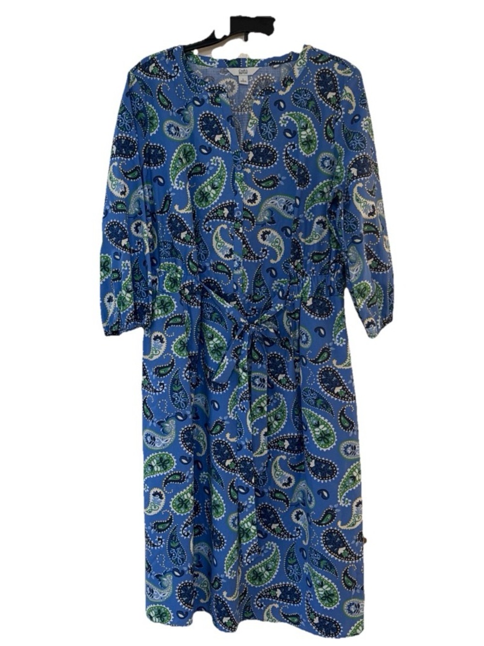 Croft & Barrow Women’s Blue Paisley Dress Size Large 3/4 Sleeve Tie Waist NWOT